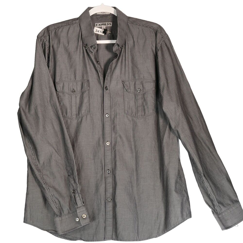 Express Mens Button Down Shirt XL Black Gray Stripe Roll Tab Sleeves Cotton